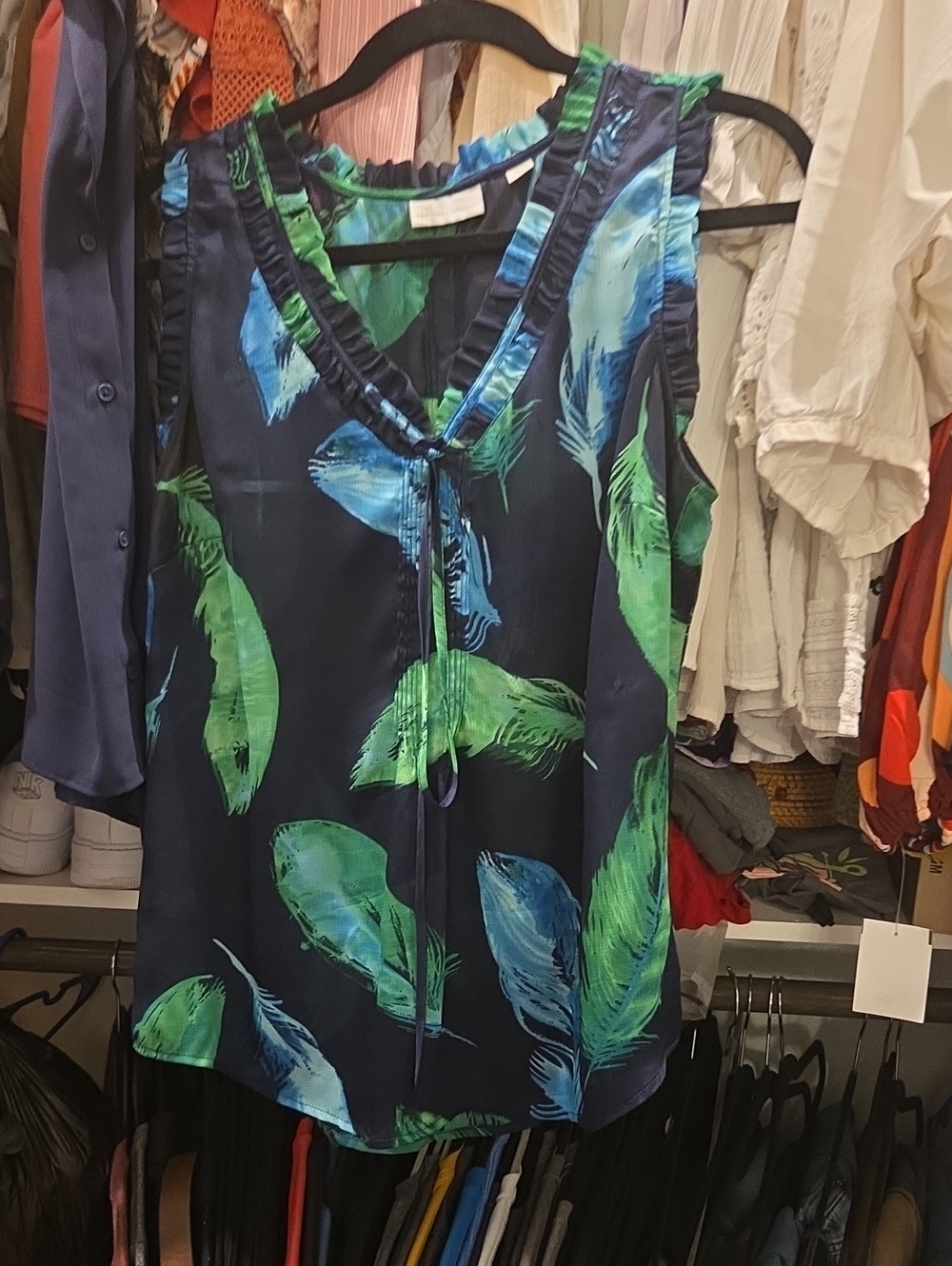 New York & Company Navy Camisole with Green & Blue Feather Print
